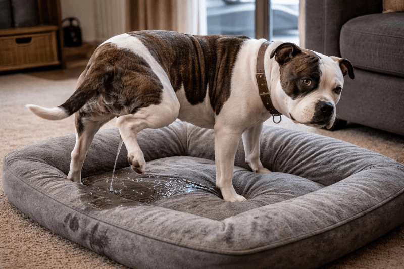 Dog urinating on a soft dog bed indoors, showing common house training or marking behavior