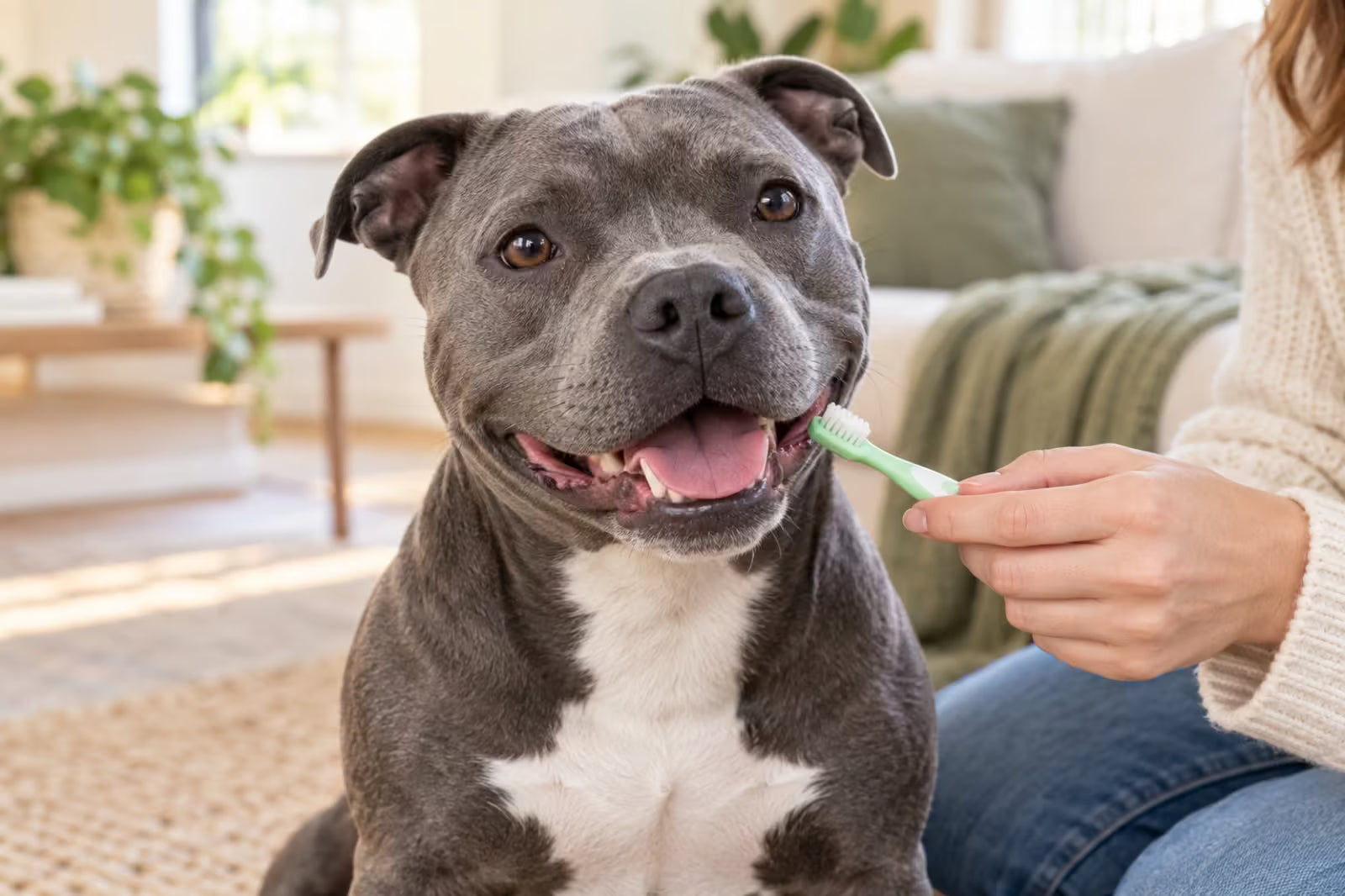 Grey Staffy having its teeth gently brushed at home to support oral health and fresh breath