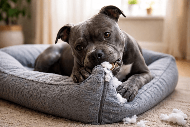 Staffordshire Bull Terrier chewing on a soft dog bed, tearing the fabric and pulling out stuffing indoors