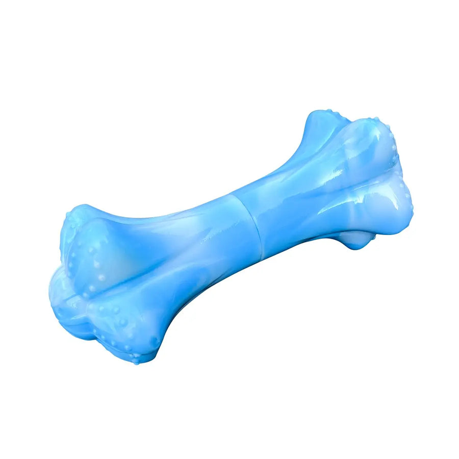 Close-up product photo of the blue Chewzilla Musical Bone dog chew toy.