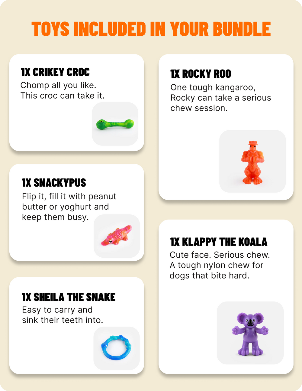 Toys included in your Chewzilla Aussie Outback bundle