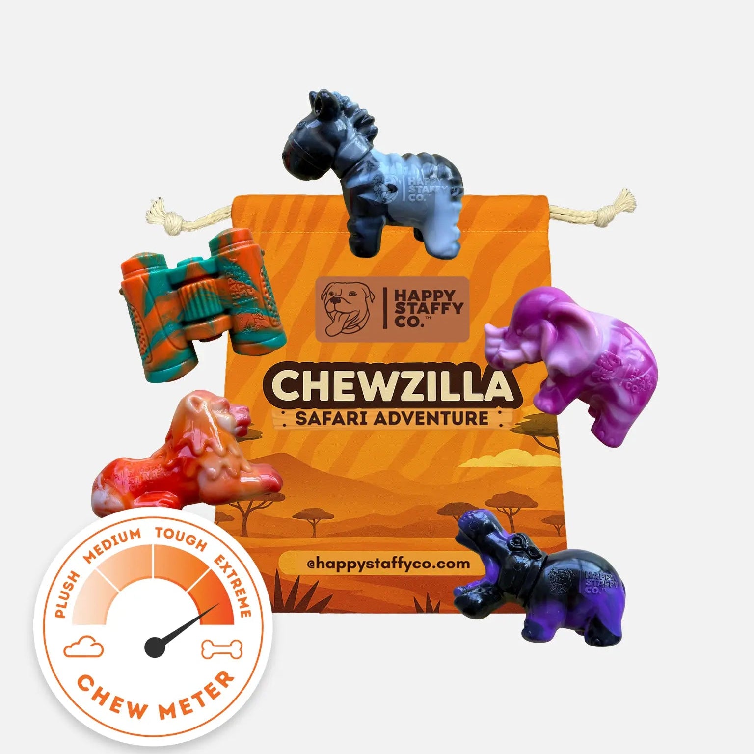 Happy Pappy Co. Chewzilla Safari Adventure toy set with colorful animal-shaped chew toys and a chew meter on an orange background.