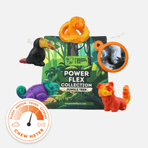 PowerFlex Jungle Trek Collection dog toys displayed with branded bag and chew meter rating on white background