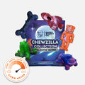 Chezilla® Galactic Quest Collection dog toys arranged in front of themed packaging with chew meter indicator.