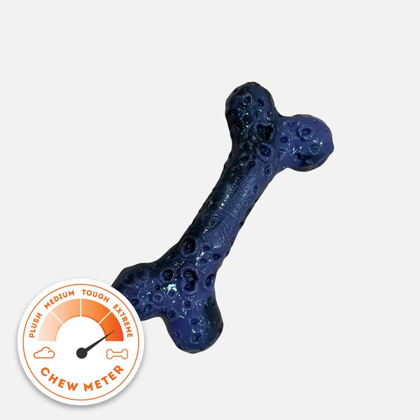 Purple textured bone dog toy from the Chezilla® Galactic Quest Collection displayed with chew meter rating