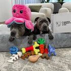 Two dogs resting with multiple toys including the Chewzilla Gator dog toy.