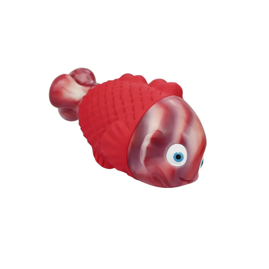 Close-up product photo of the red Squeaky Fish dog toy.