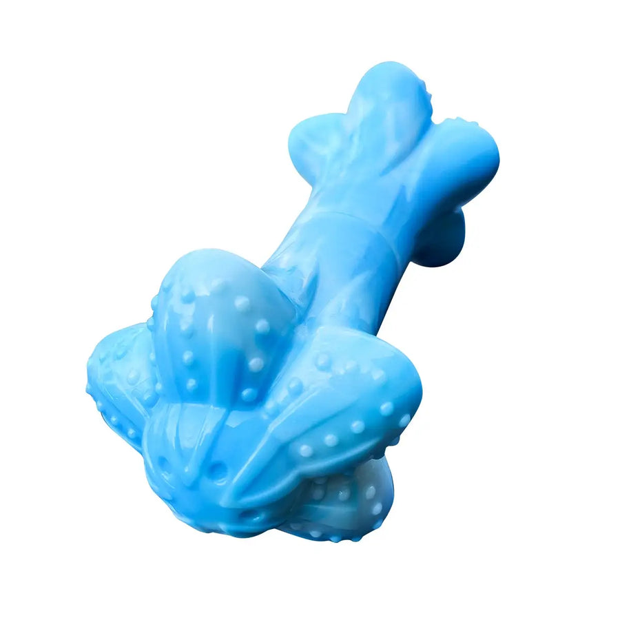 Bottom view of the blue Chewzilla Musical Bone showing textured ends for chewing.