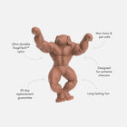 Product callout graphic highlighting features of the Staffy Schwarzenegger dog toy.