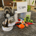 Dog sitting indoors next to Happy Staffy Co. box with Power Chew Wheel and other toys