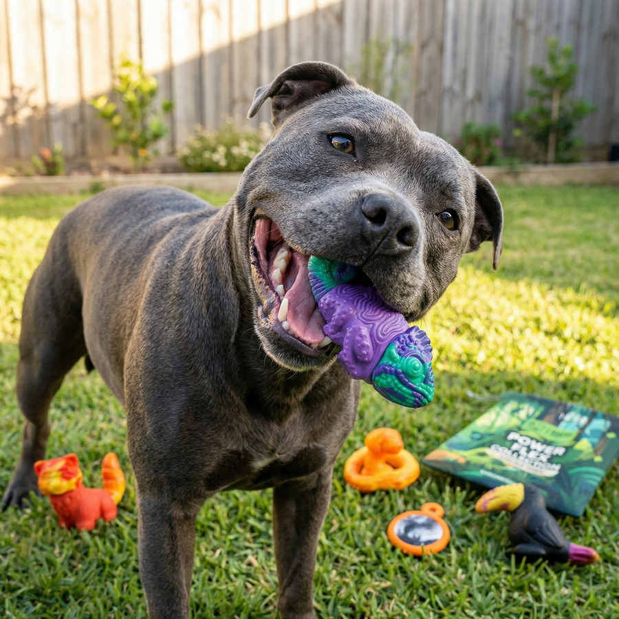 Staffy dog playing with PowerFlex Jungle Trek toy outdoors
